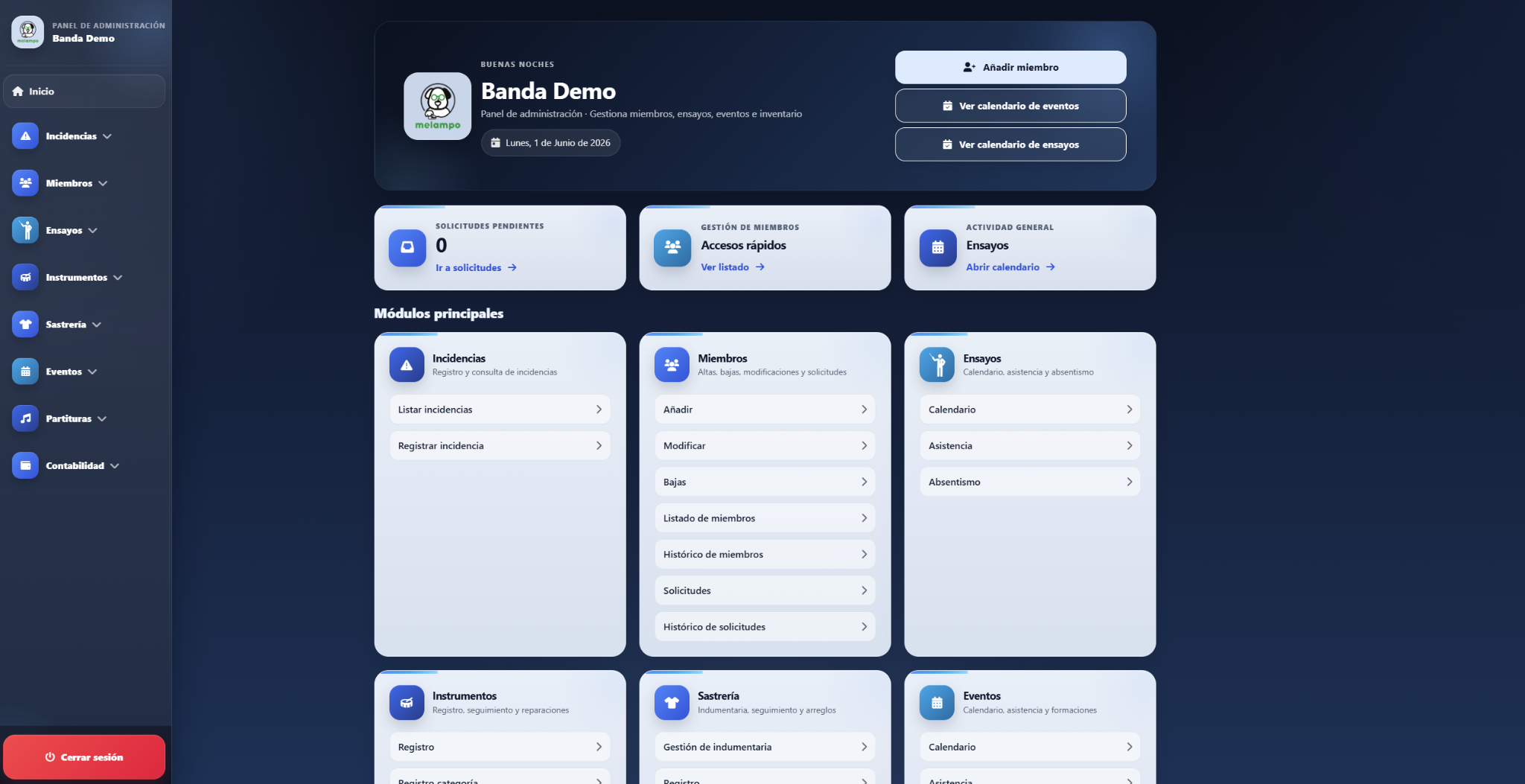 Panel de administración de Melampo Bandas