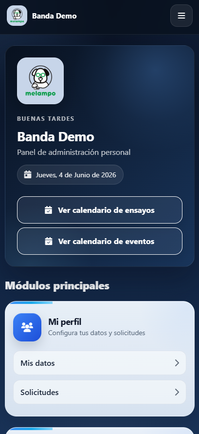 Pantalla móvil del portal del músico