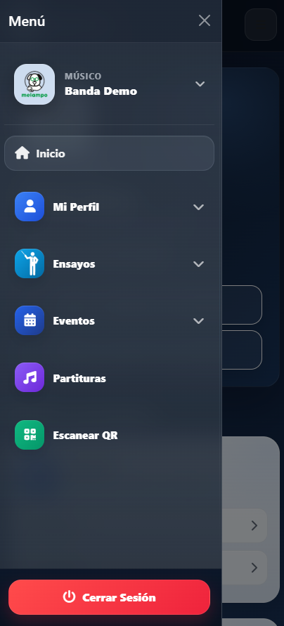 Menú móvil del portal del músico